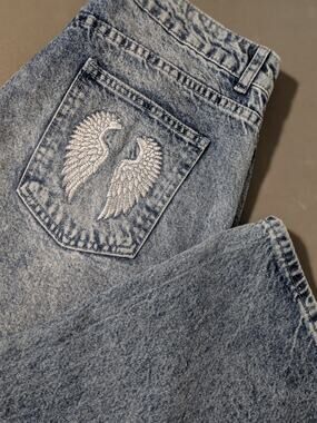 NWT Riley & James Wide Leg Acid Wash Jeans Angel Wing Embroidered Pocket Y2K